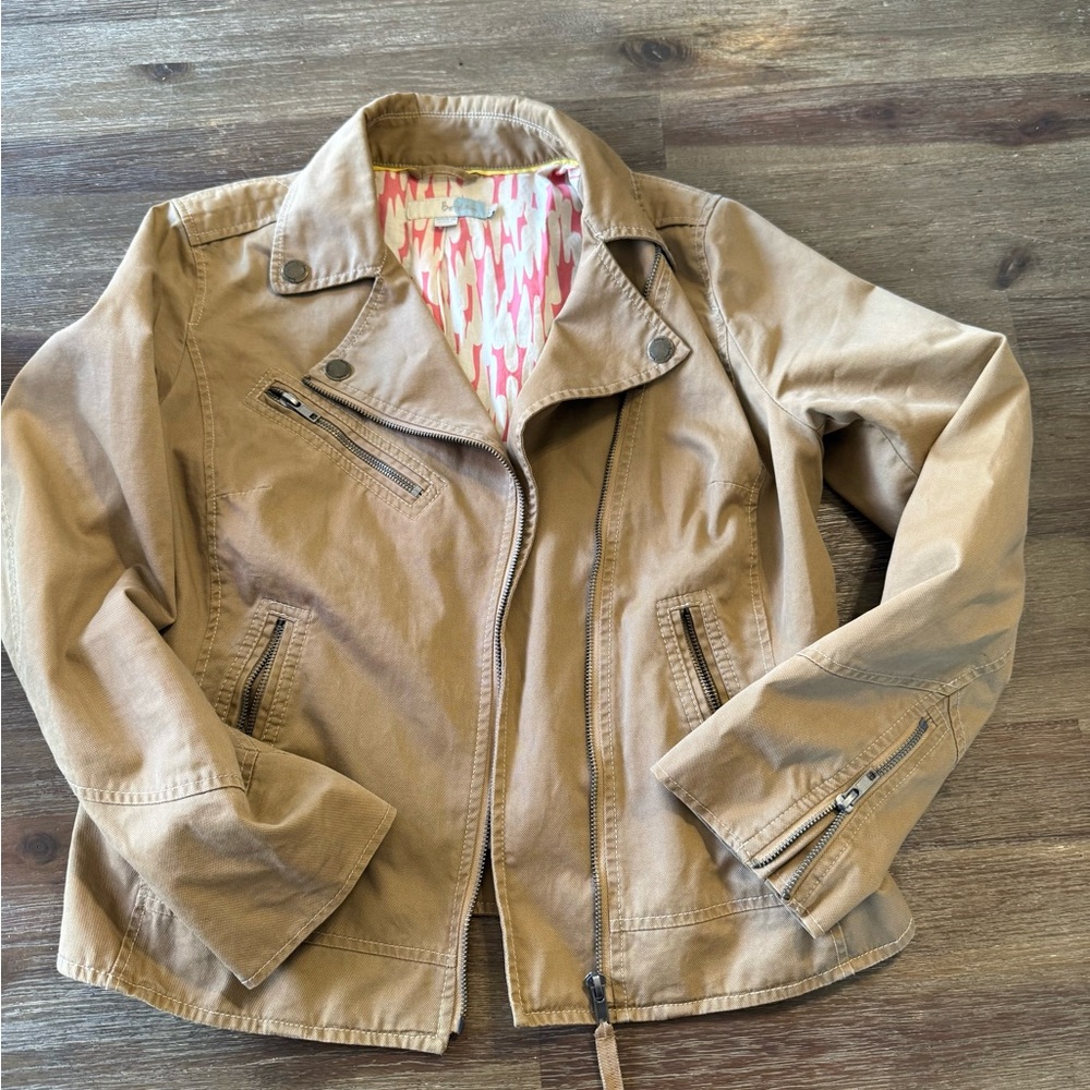 Boden Tan Bomber Jacket with Pink Lining